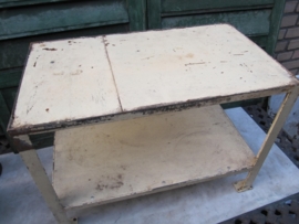 Beautiful brocante metal factory table with wooden shelves