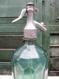 Brocante old seltzer soda bottle in blue / green with facet