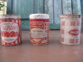 Brocante set van 3 Franse blikjes in rood en creme kleur