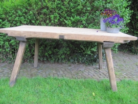 Ancient brocante wooden butcher table 8 cm thick.