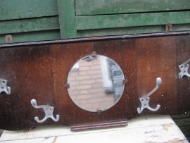 Brocante wooden coat rack with mirror and 4 hooks.