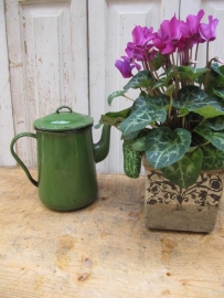 Old enamel green coffee jug