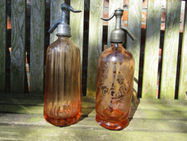 Old French seltzer bottle with imprint, orange