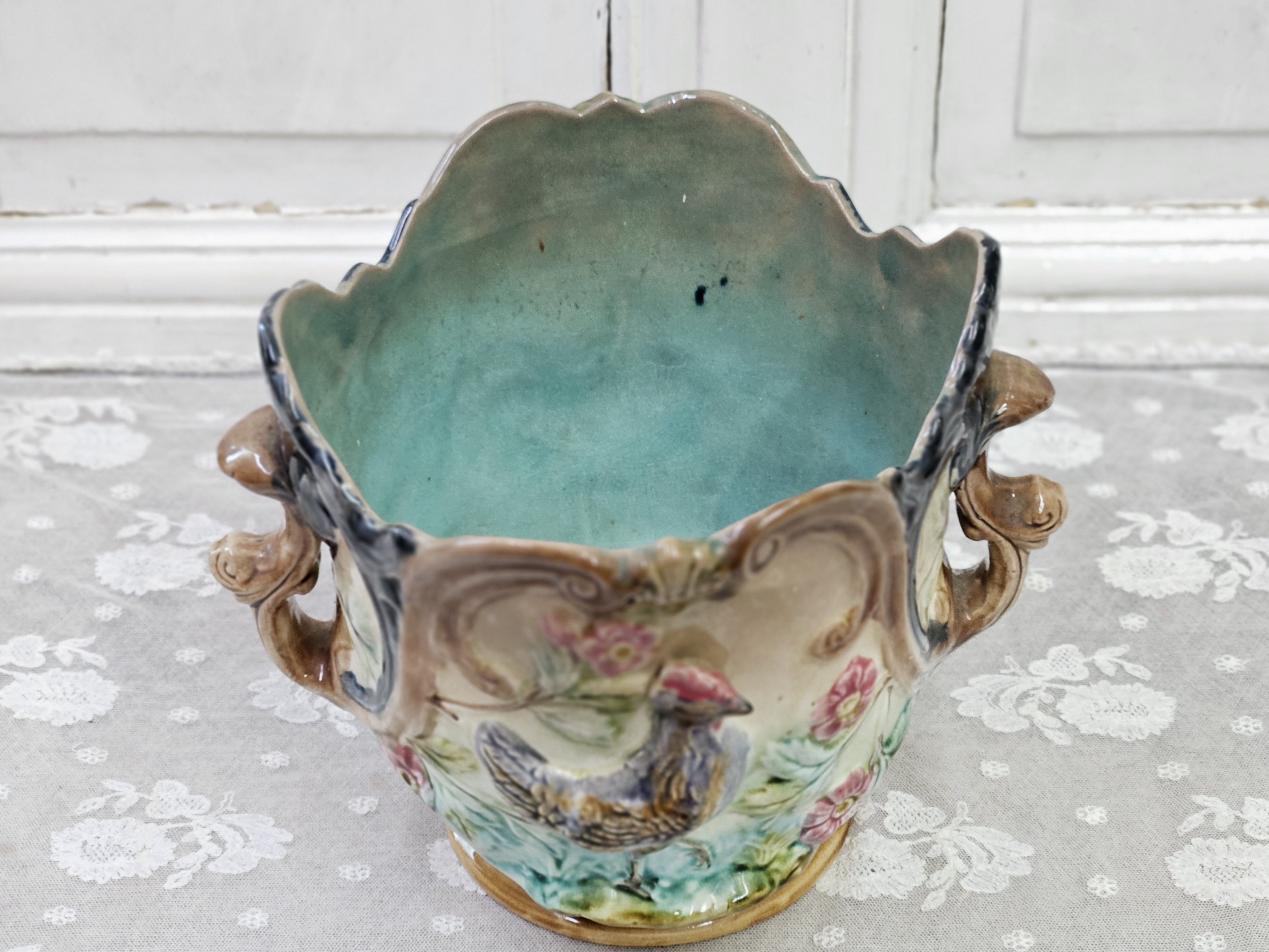Majolica bloempot met haan