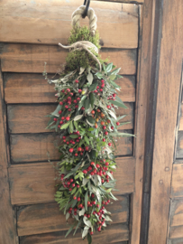 Toef op touw  60 cm met rozenbottels