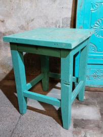 Oude Vintage Hongaarse Houten Krukje Tafeltje Turquoise