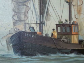 Oud Maritiem Schilderij Olieverf op Linnen Vissersboot Boot Kotter HA67