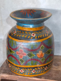 Oude Vintage Houten Indiase Waterkruik Handbeschilderd