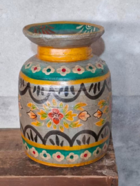 Oude Vintage Houten Indiase Waterkruik Handbeschilderd