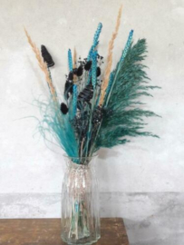 Gemengd Droogboeket Droogbloemen Turquoise Zwart met Vaas