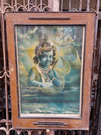 Oude Vintage Houten Lijst met Hindoe Poster India Jonge Krishna