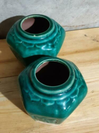 Oude Vintage Chinese Shiwan Gemberpot Turquoise Set 2