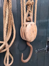 Oud Antiek Vintage Houten Katrol Set Hijsblok Boerderij