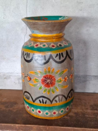 Oude Vintage Houten Indiase Waterkruik Handbeschilderd