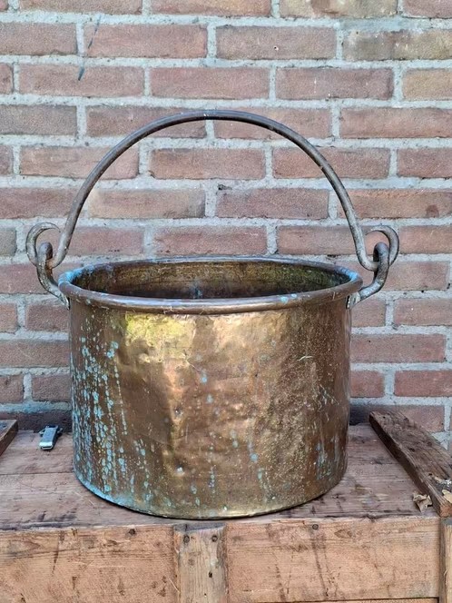 Oude Antieke Koperen Kookpot Haardvuur Haardhout