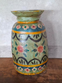 Oude Vintage Houten Indiase Waterkruik Handbeschilderd