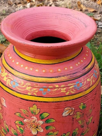 Oude Brocante Houten Nepalese Pot Vaas Handbeschilderd