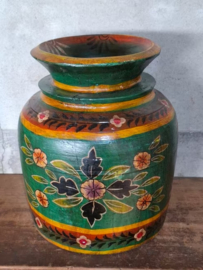 Oude Vintage Houten Indiase Waterkruik Handbeschilderd