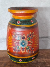 Oude Vintage Houten Indiase Waterkruik Handbeschilderd