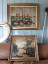 Oud Maritiem Schilderij Olieverf op Linnen Vissers Haven L. Melis Boten