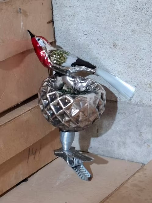 Oude Antieke Kerstbal 8759 Vogel op Nest