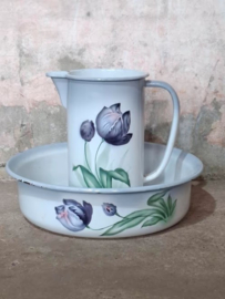 Oude Antieke Emaille Lampetset met Tulpen Bloemen Art Deco