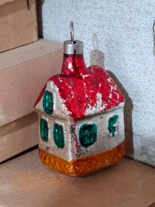 Oude Antiek Vintage Kerstbal 8969 Huisje
