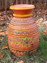 Oude Brocante Houten Nepalese Pot Vaas Handbeschilderd XL