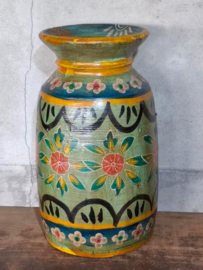 Oude Vintage Houten Indiase Waterkruik Handbeschilderd