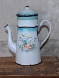 Oude Brocante Franse Emaille Koffiepot Bloemen Viooltjes
