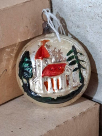 Oude Antieke Kerstbal 8271 Kerk Huisje Dubbelzijdig