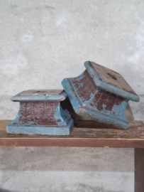 Oude Antieke Set Houten Indiase Poer Sokkels