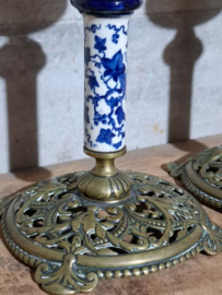 Oude Antieke Victoriaanse Koperen Kandelaren Set Delfts Blauw