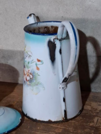 Oude Brocante Franse Emaille Koffiepot Bloemen Viooltjes