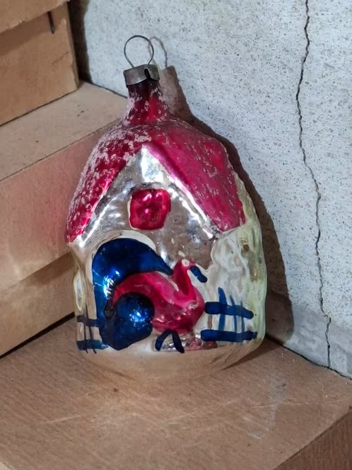 Oude Antieke Kerstbal  8973 Huisje met Kalkoen