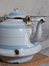 Oude Brocante Franse Emaille Waterketel Blauw Wit