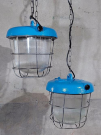 Oude Vintage Industriele Hanglamp Bunkerlamp Kooilamp Hemels Blauw