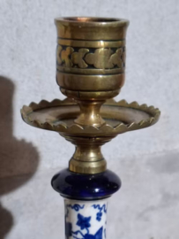 Oude Antieke Victoriaanse Koperen Kandelaren Set Delfts Blauw
