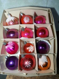 Oude Vintage Kerstballen 5348 Doosje Mix Paars Oranje Roze