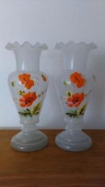 Oude Antieke Set Opaline Kast of Schouw Vazen Papaver