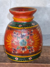 Oude Vintage Houten Indiase Waterkruik Handbeschilderd