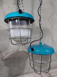 Oude Vintage Industriele Hanglamp Bunkerlamp Kooilamp Turquoise