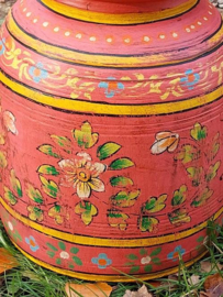 Oude Brocante Houten Nepalese Pot Vaas Handbeschilderd