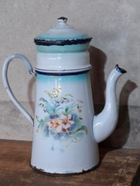 Oude Brocante Franse Emaille Koffiepot Bloemen Viooltjes