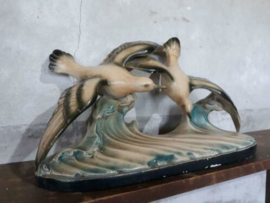 Oud Antiek Art Deco Schouwbeeld Beeld Vogels Meeuwen