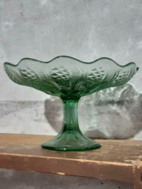 Oude Vintage Glazen Persglas Schaal op Voet Bonbonschaal Groen