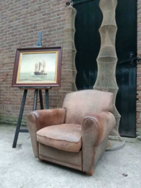 Oude Vintage Leren Clubfauteuil Fauteuil Moustache