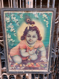 Oude Vintage Houten Lijst met Hindoe Poster India Jonge Krishna