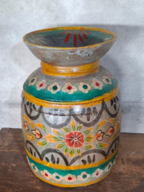 Oude Vintage Houten Indiase Waterkruik Handbeschilderd