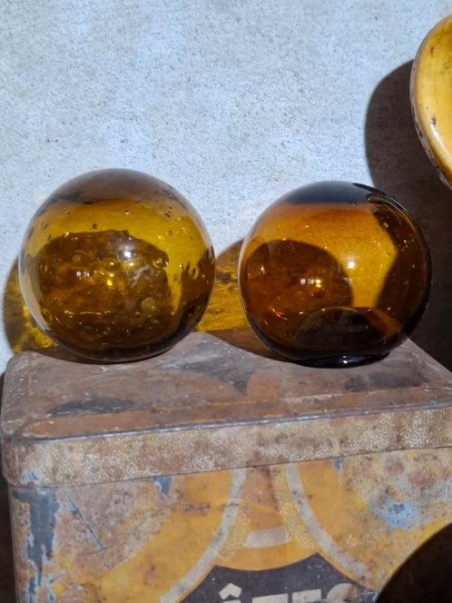 Oude Antiek Vintage Glazen Drijver Visnet Oker